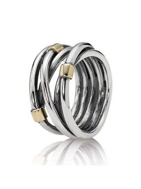 Pandora Sterling Silver Rope Wide Band Ring with 14K Gold - 190383 Size 6